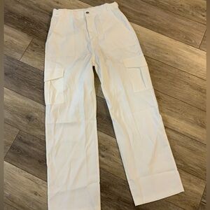White polyester cargo wide straight leg pants. Size S
